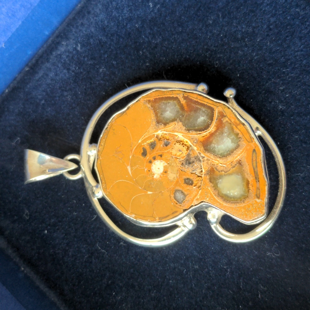 Vintage 925 sterling silver handmade pendant with natural opalised Fossil